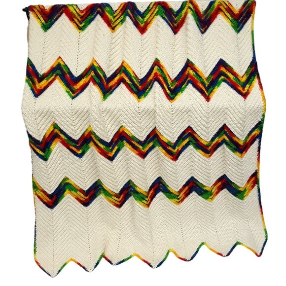 Hand Crochet Chevron Rainbow Afghan Cream Primary Colors Acrylic - Picture 2 of 5